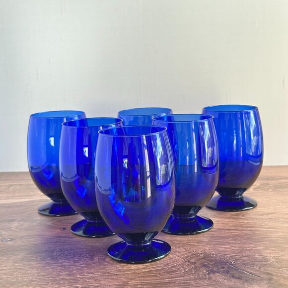 Nybro Glasbruk Cobalt Blue Footed Glasses, Set of 6, Swedish Blown Glass Goblets - Picture 1 of 8